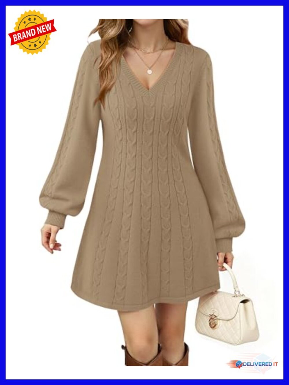 V-Neck Long Sleeve Cable Knit Sweater Dress Babydoll A-Line Mini Dress Fall